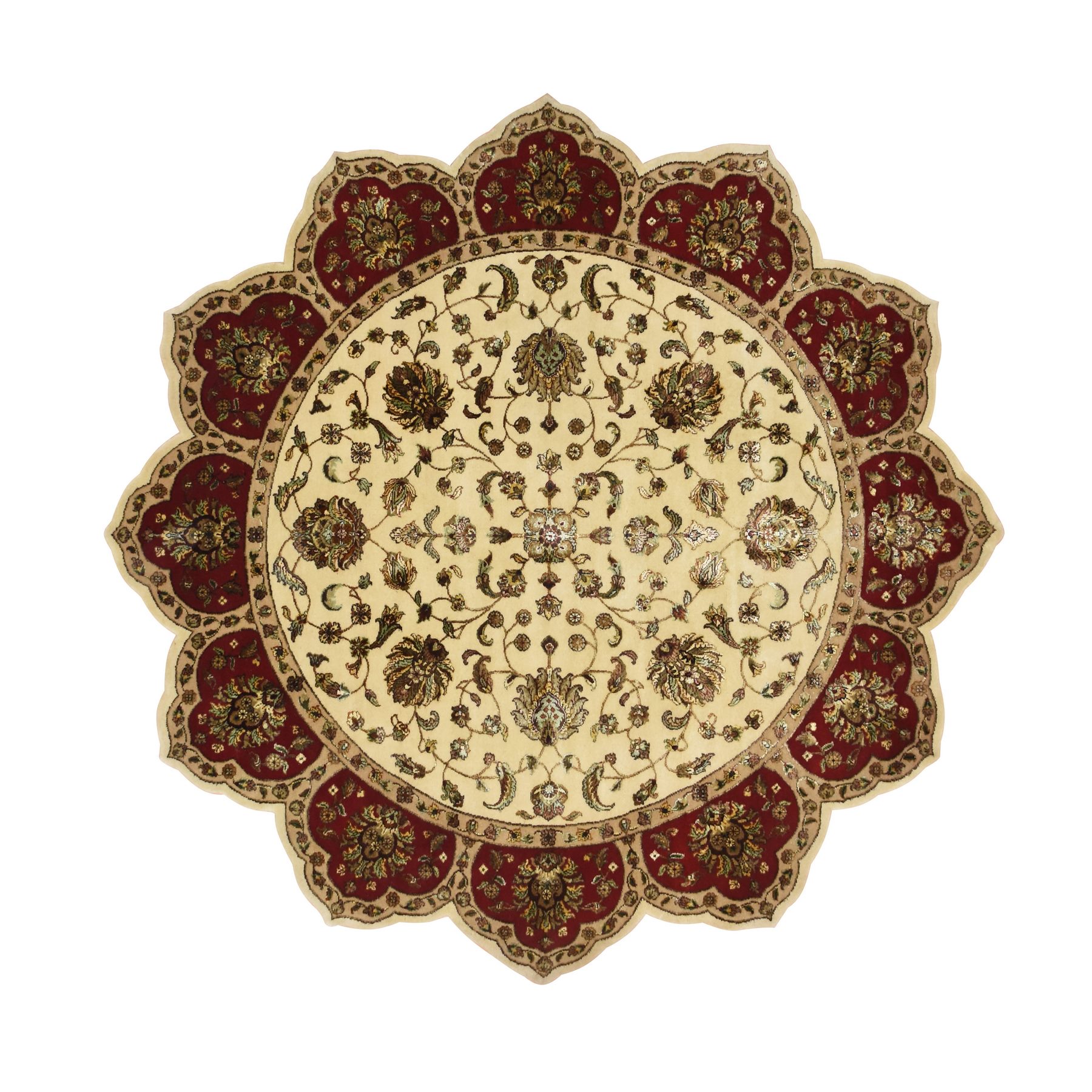 Parchment White, Rajasthan with All Over Leaf Motifs, Star Design, Hand Knotted, Wool and Silk, Thick and Plush, Oriental Rug